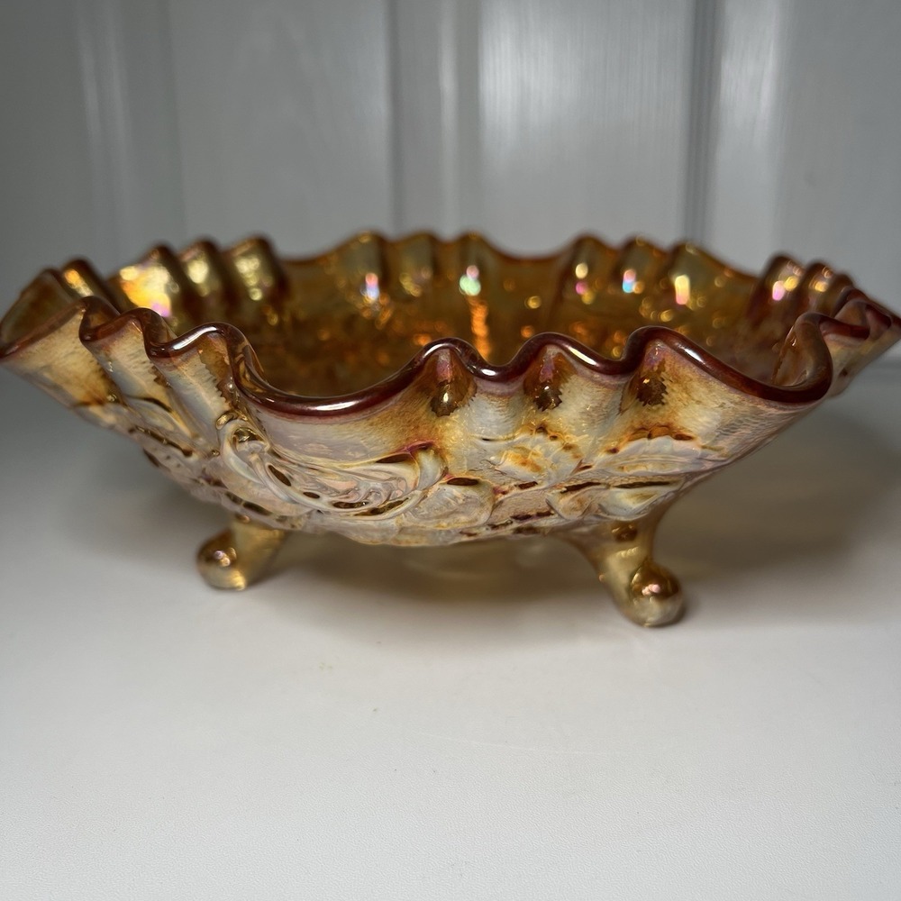 Vintage Imperial Glass IG Marigold Carnival Glass Open Rose Footed Bowl